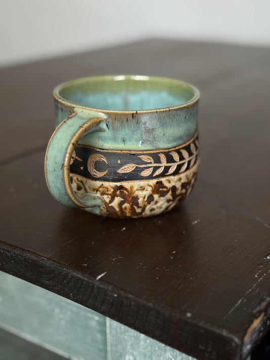 Mug with sgraffito and turquoise