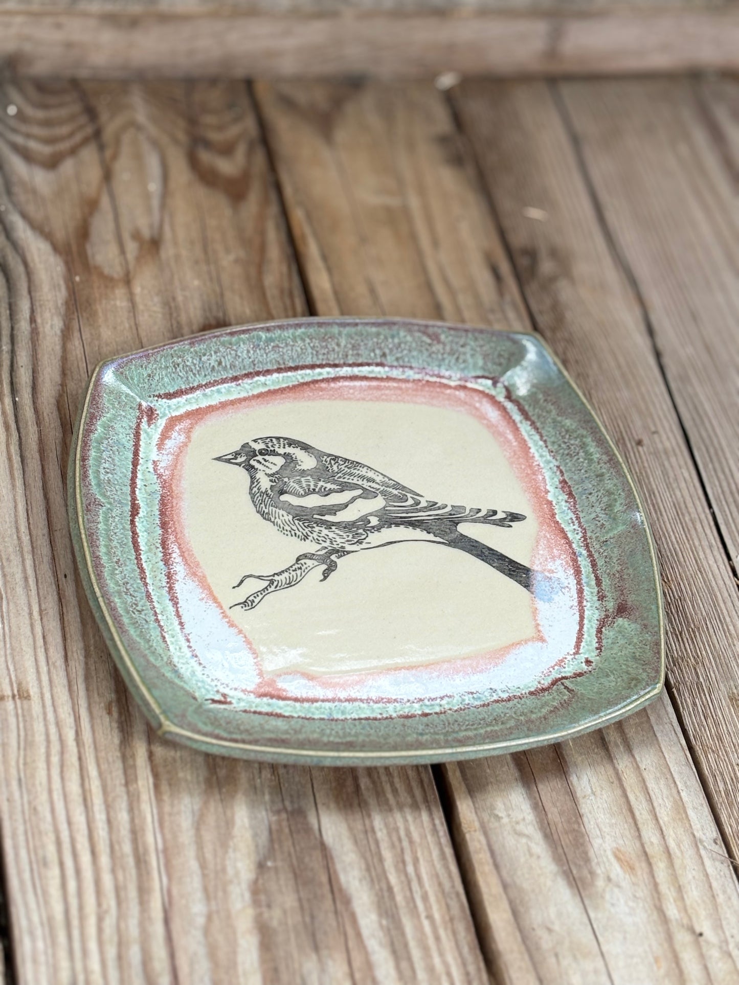 Green Pink Chaffinch Plate - AnnaPoloDesign