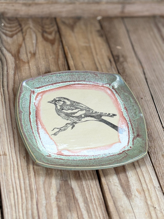 Green Pink Chaffinch Plate - AnnaPoloDesign