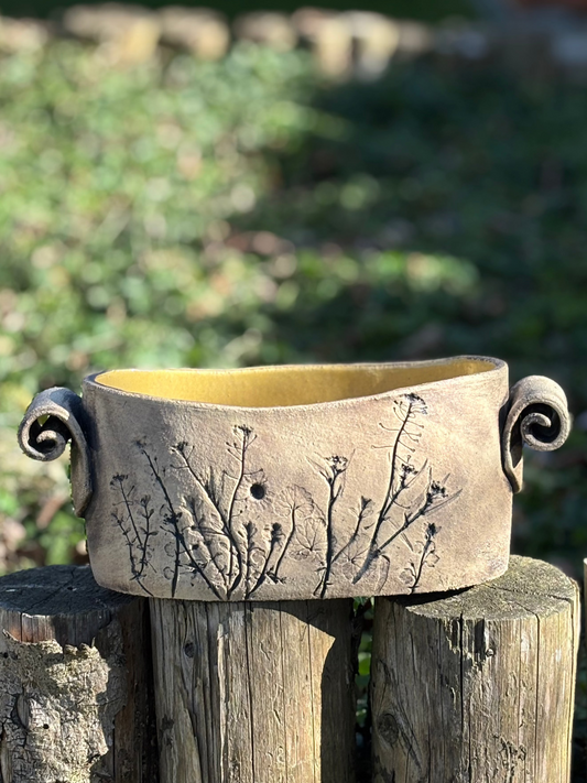 Yellow Flower Pot with Floral Imprints