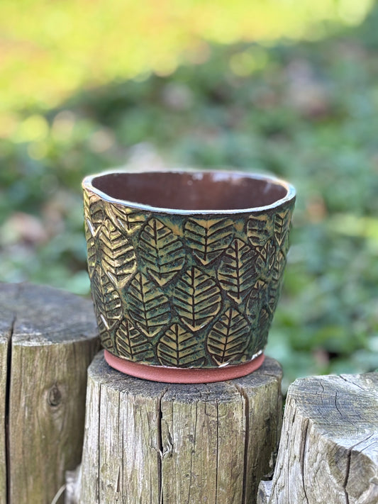 Green Brown Leave Stamped Flower Pot