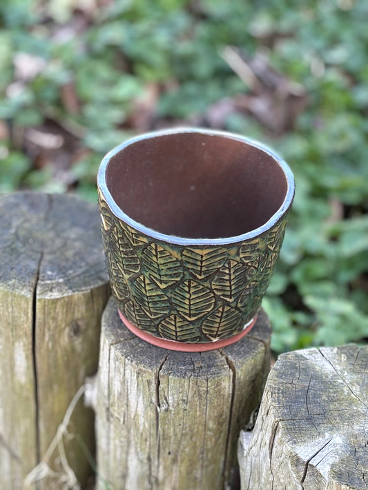 Green Brown Leave Stamped Flower Pot